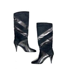 Vintage 80s R.J.S. Black Genuine Leather Suede Knee High Heeled Boots - Sz 9